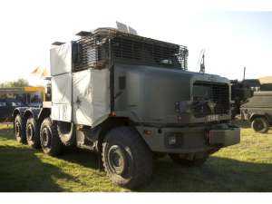 A truck cab fitted with the textile-based TARIAN vehicle armour system at the DVD event at Millbrook Proving Ground in Bedford